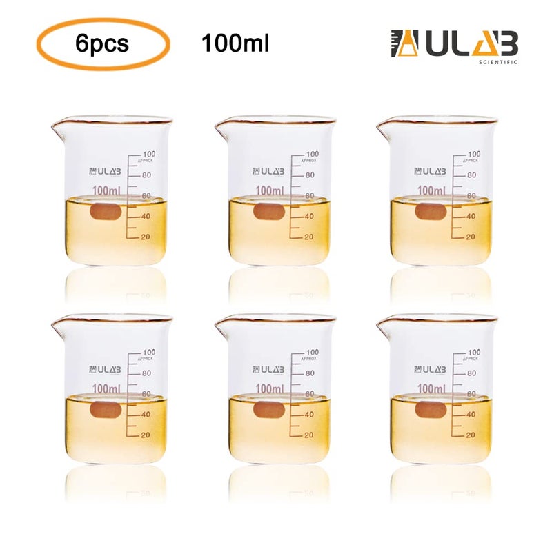 ULAB Scientific Glass Beaker Set, Vol.100ml, Shot Glass, 3.3 Borosilicate Griffin Low Form with Printed Graduation, Pack of 6, UBG1014 - Image 2